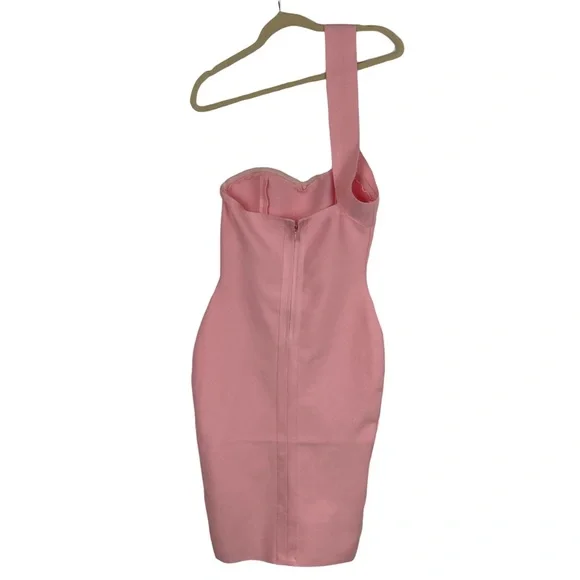 BCBGMAXAZRIA BUBBLE GUM PINK ASSYMETRICAL BODYCON DRESS, MEDIUM - Picture 2 of 6
